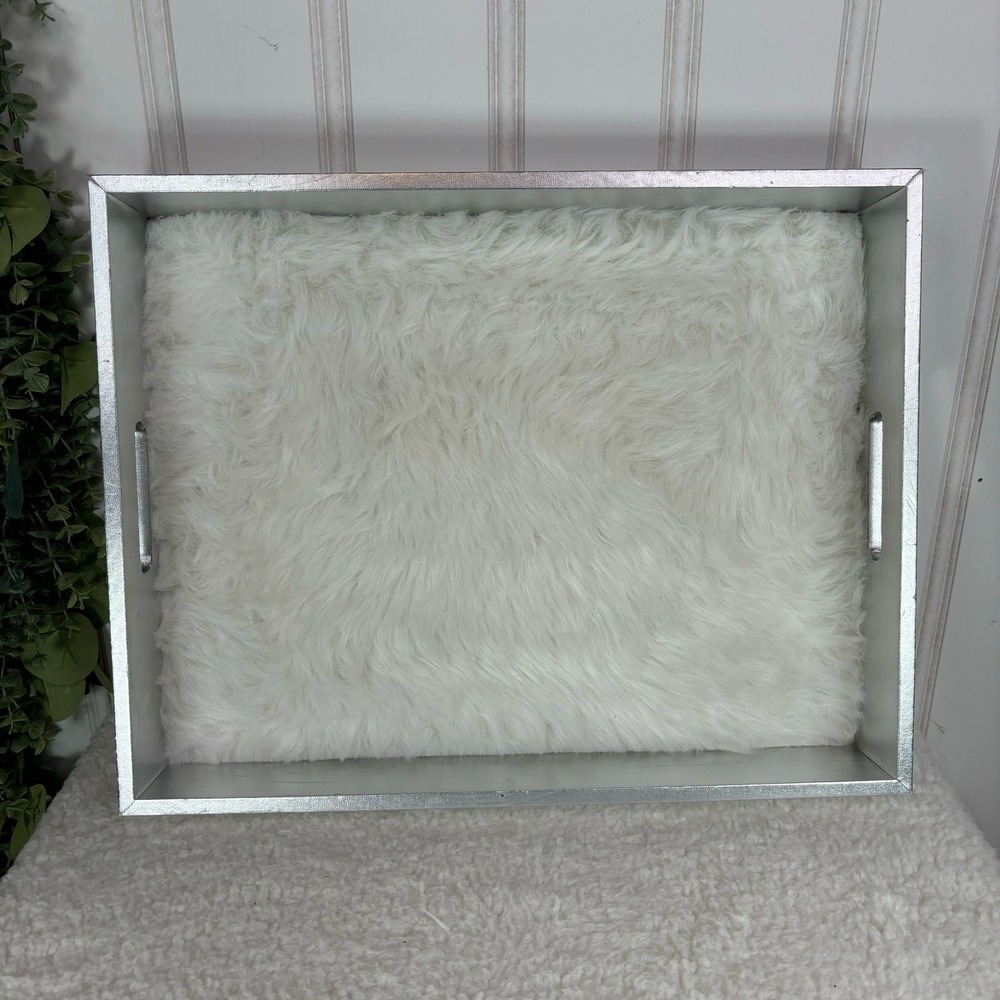 Silver Faux Leather Tray White Faux Fur‎ Liner Decorative Vanity Tray glam